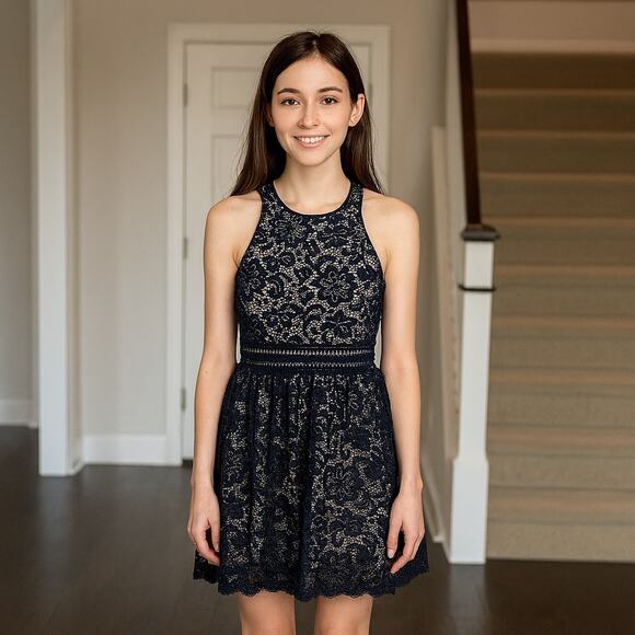 By & By Dress NWT Juniors Navy Blue Lace Overlay Blush Lined Back Zip - Picture 1 of 8